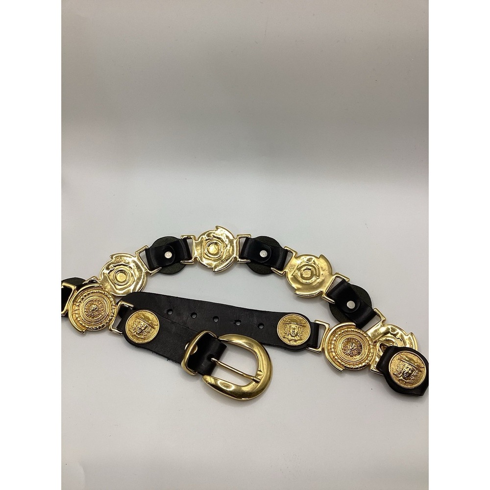 Milos Italy Vintage Black Leather Gold Medallion Coin Belt Medusa Style Small